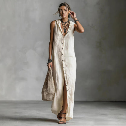 Women's Sleeveless Deep V-Neck Hooded Loose Maxi Dress – 6 Colors XS–3XL FitiqueFit