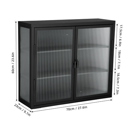 Retro Style Haze Double Glass Door Wall Cabinet With Detachable Shelves for Office Dining Room Living Room