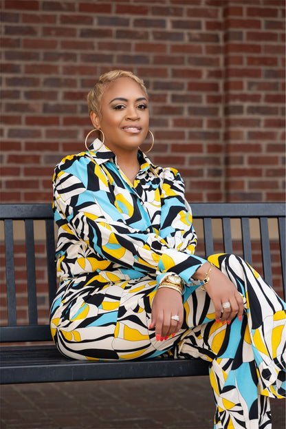 Blue, Yellow & Cream Abstract Pant & Blouse Set The Bella Noire Store