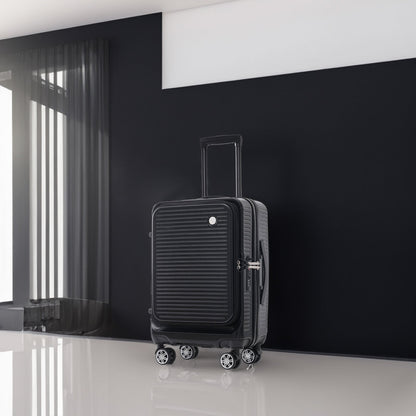 Carry-on Luggage 20 Inch Front Open Luggage Lightweight Suitcase with Front Pocket and USB Port, 1 Portable Carrying Case Black