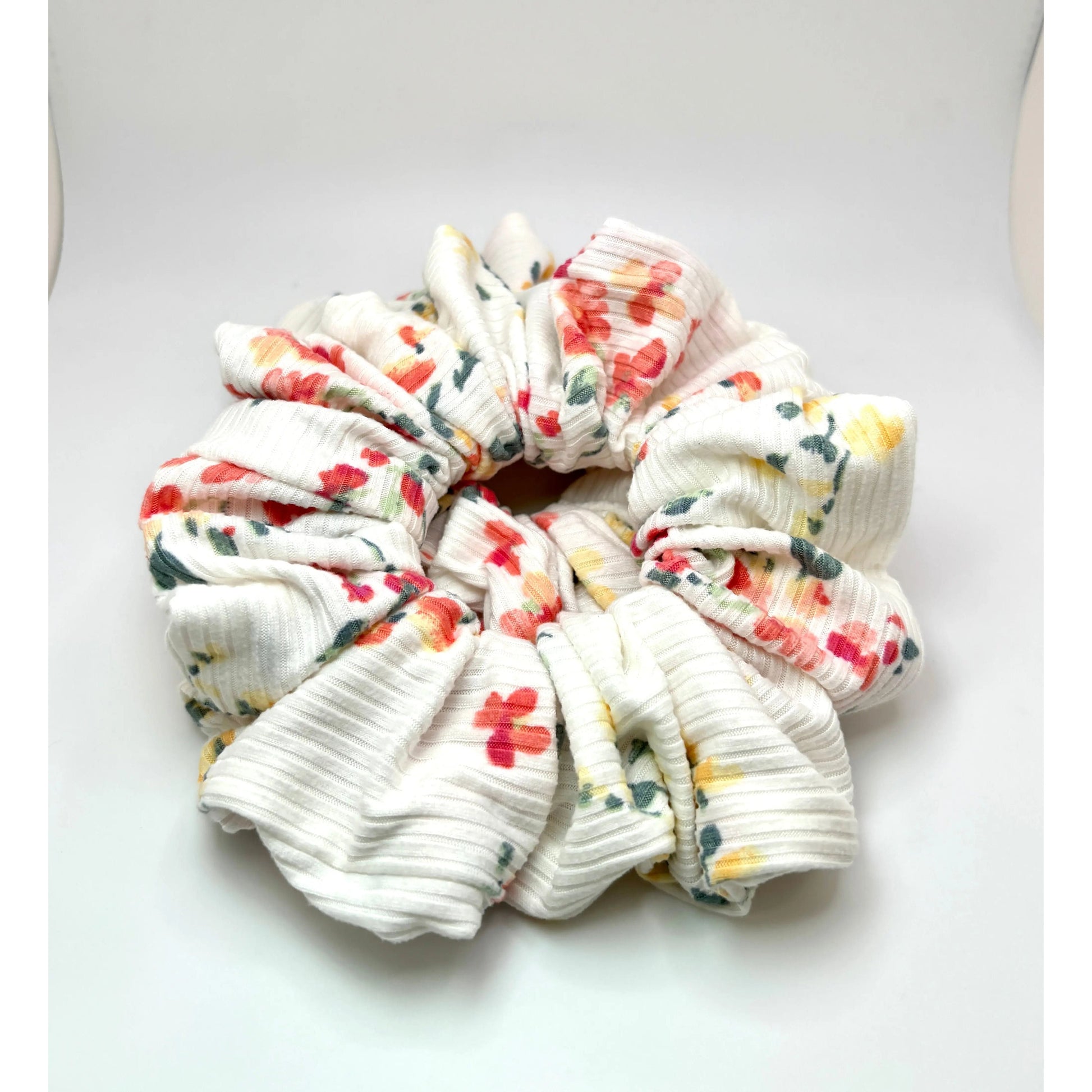White Floral Summer Ribbed Scrunchie Enchanted Scrunch