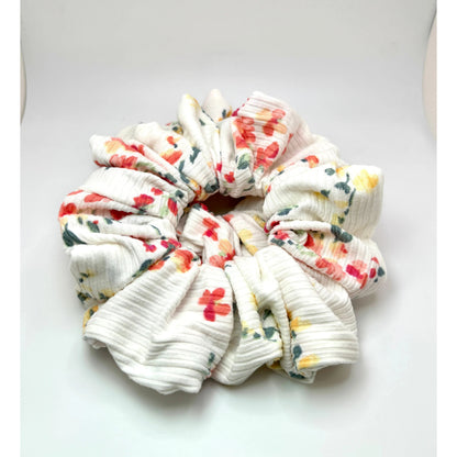White Floral Summer Ribbed Scrunchie Enchanted Scrunch