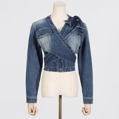 Women’s V-neck Cross Asymmetrical Lace-Up High-End Short Denim Jacket Country in My Heart