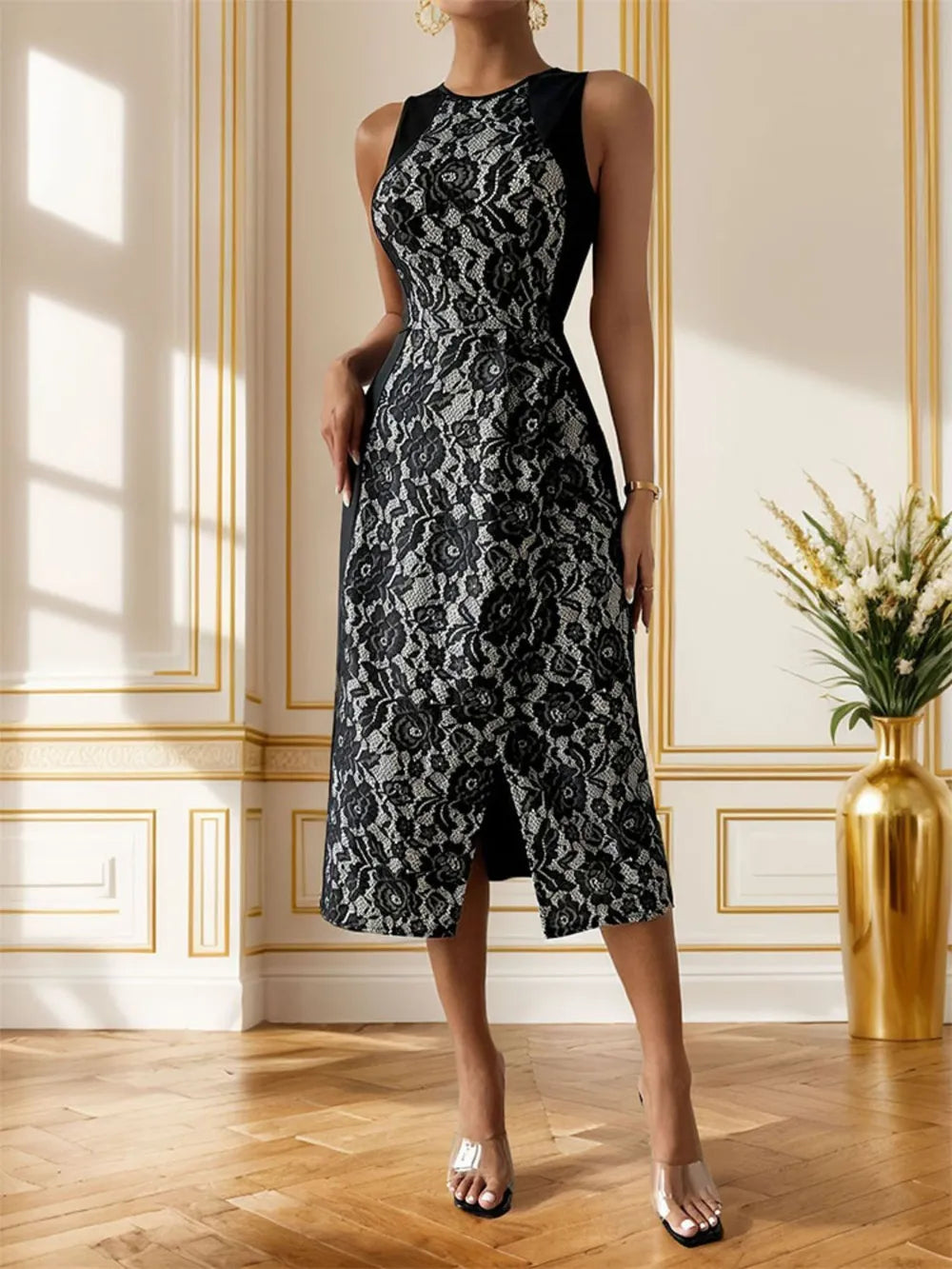🌹 Slit Rose Round Neck Sleeveless Midi Dress FitiqueFit