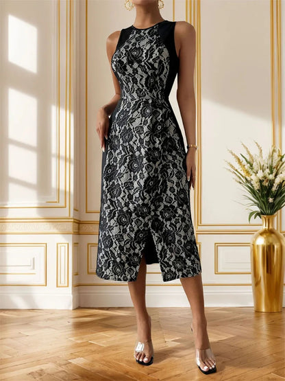 🌹 Slit Rose Round Neck Sleeveless Midi Dress FitiqueFit
