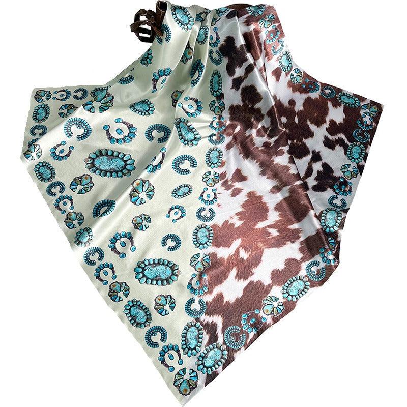 Western Style Cow Pattern Turquoise Scarf – Elegant Cowgirl Accessory Country in My Heart
