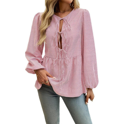 Boho Chic Striped Lace-Up Shirt - Trendy Loose Fit Casual Top for Women Country in My Heart