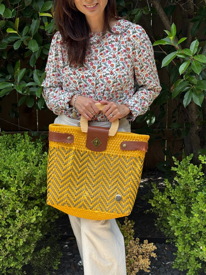 Yellow & Gold Chevron Mexican Tote Wood Handles MexiMexi