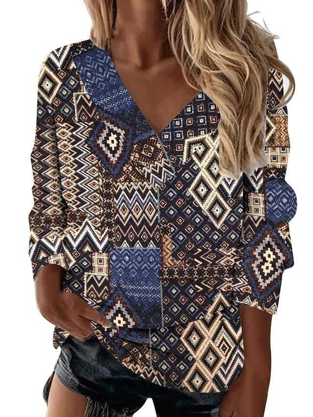 Boho Western V-Neck Long Sleeved Top – Stylish Cowgirl Fashion with Geometric Patterns Country in My Heart