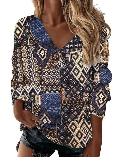 Boho Western V-Neck Long Sleeved Top – Stylish Cowgirl Fashion with Geometric Patterns Country in My Heart