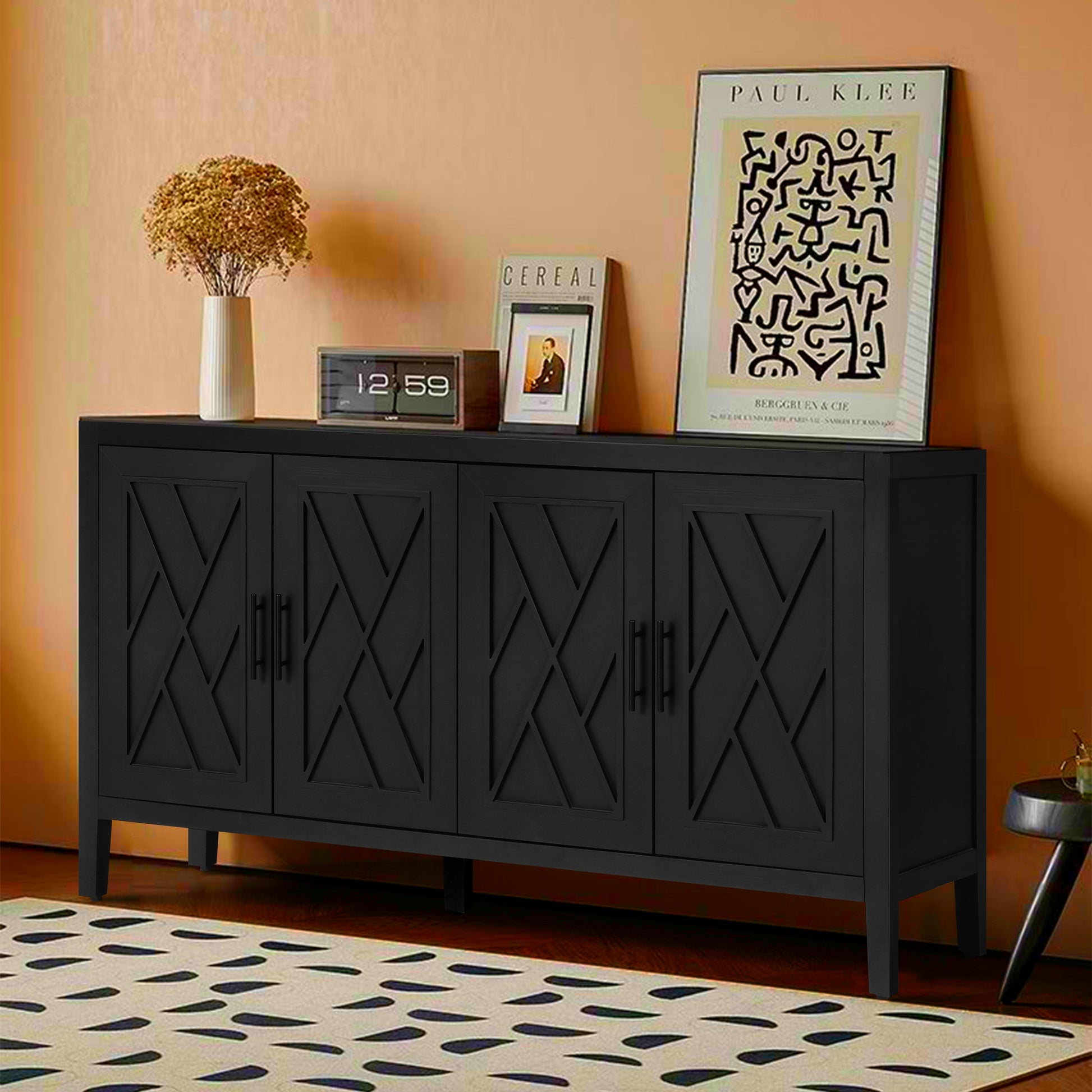 4 Door Wooden Twill Sideboard American Country Vintage Old Living Room Dining Room Hallway Entryway Cabinet (BLACK) V.I.P Digital Presence