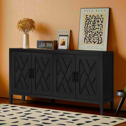 4 Door Wooden Twill Sideboard American Country Vintage Old Living Room Dining Room Hallway Entryway Cabinet (BLACK) V.I.P Digital Presence