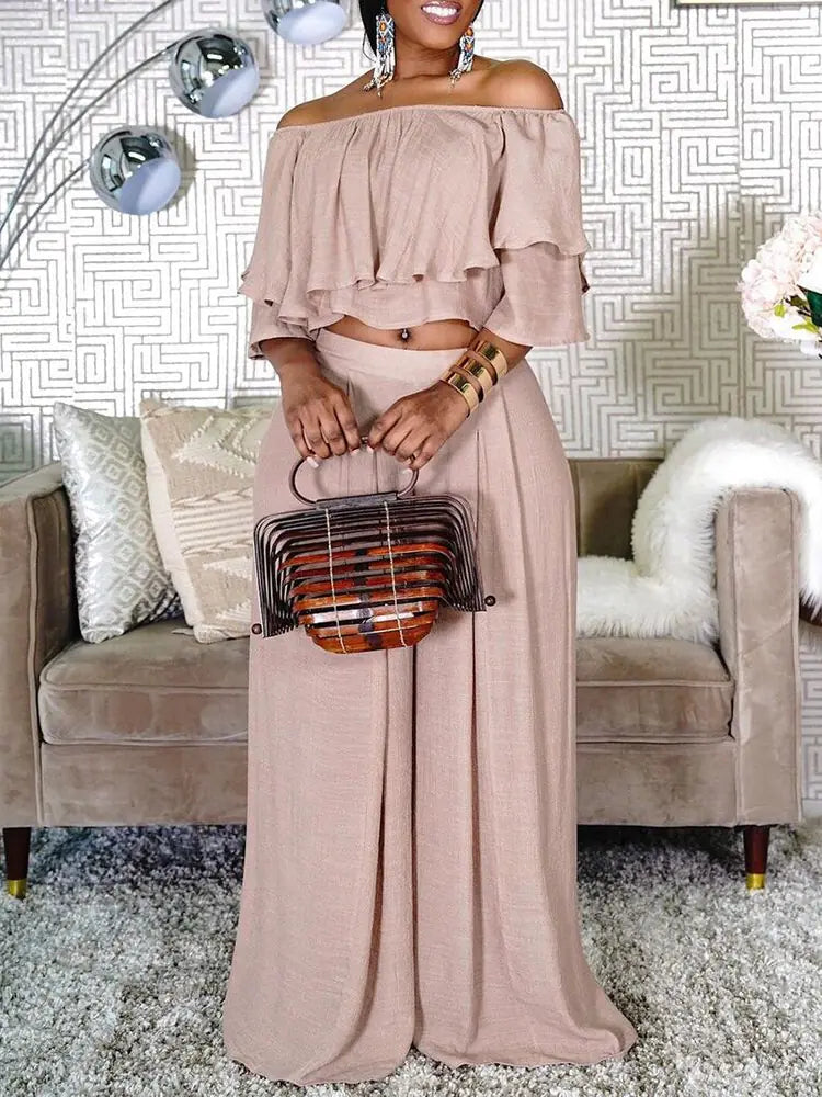 Plus Size 2 Piece Off Shoulder Crop Top & Wide Leg Pants