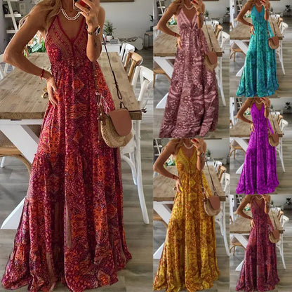 Bohemian High Waisted V-neck Floral Dress