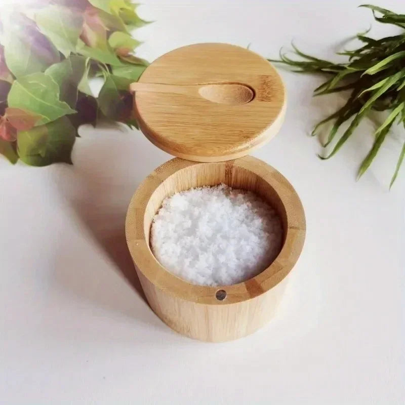 Bamboo Salt Box with Magnetic Lid and Spoon ViralGalleria.com