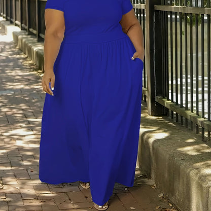 Plus Size Solid Short Sleeve Maxi Dress, Women's Plus Medium Stretch Elegant Long Dress NovaCart