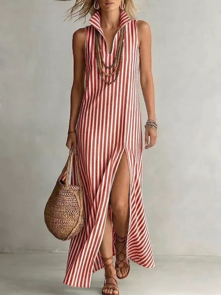 Striped Stand Collar Side-Slit Sleeveless Maxi Dress – A-Line Cami FitiqueFit
