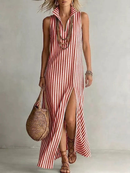 Striped Stand Collar Side-Slit Sleeveless Maxi Dress – A-Line Cami FitiqueFit