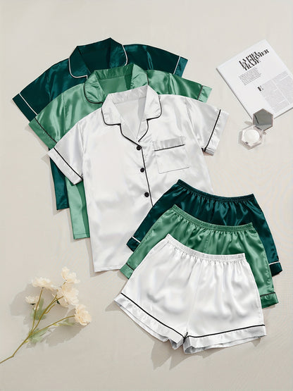 [Three Suits] Multicolor Variety of Short-sleeved Shorts Solid Color Imitation Y Satin PJ Set Women's Two-piece Suit NovaCart