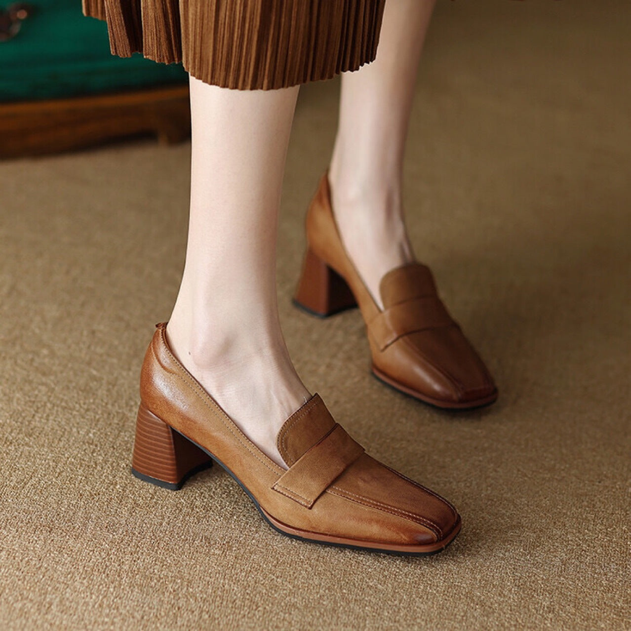 Women's Sheepskin Square Toe Chunky Heel Pumps – Retro High Heel Dress Shoes FitiqueFit