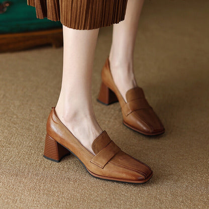Women's Sheepskin Square Toe Chunky Heel Pumps – Retro High Heel Dress Shoes FitiqueFit