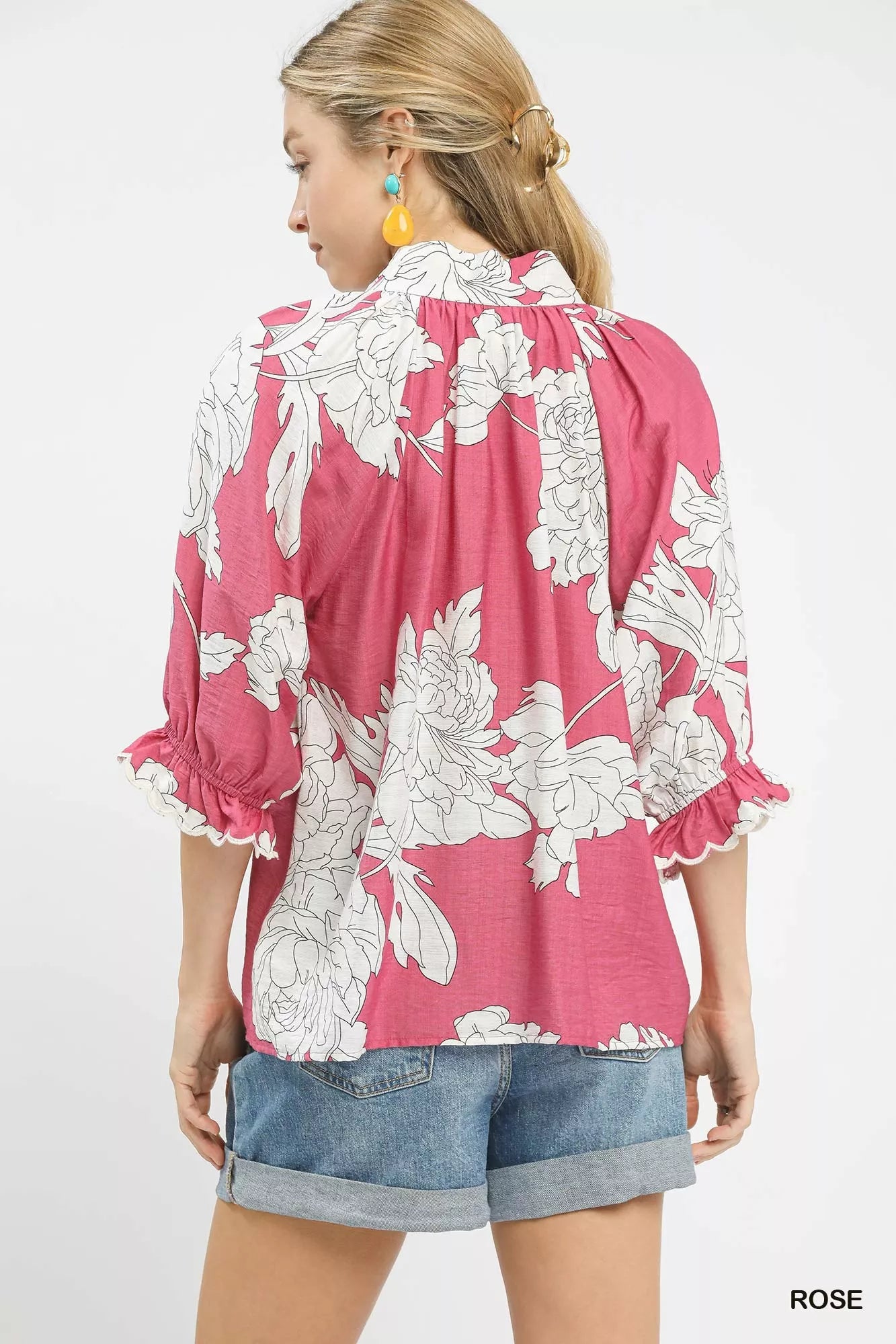 Umgee Peony Illustration Print Flounce Sleeve Blouse FitiqueFit