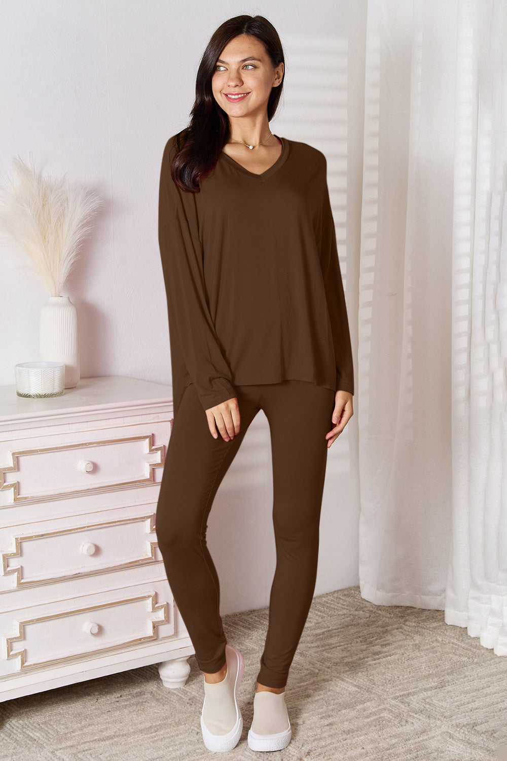 Basic Bae Full Size V-Neck Soft Rayon Long Sleeve Top and Pants Lounge Set New Era Fashion LLc