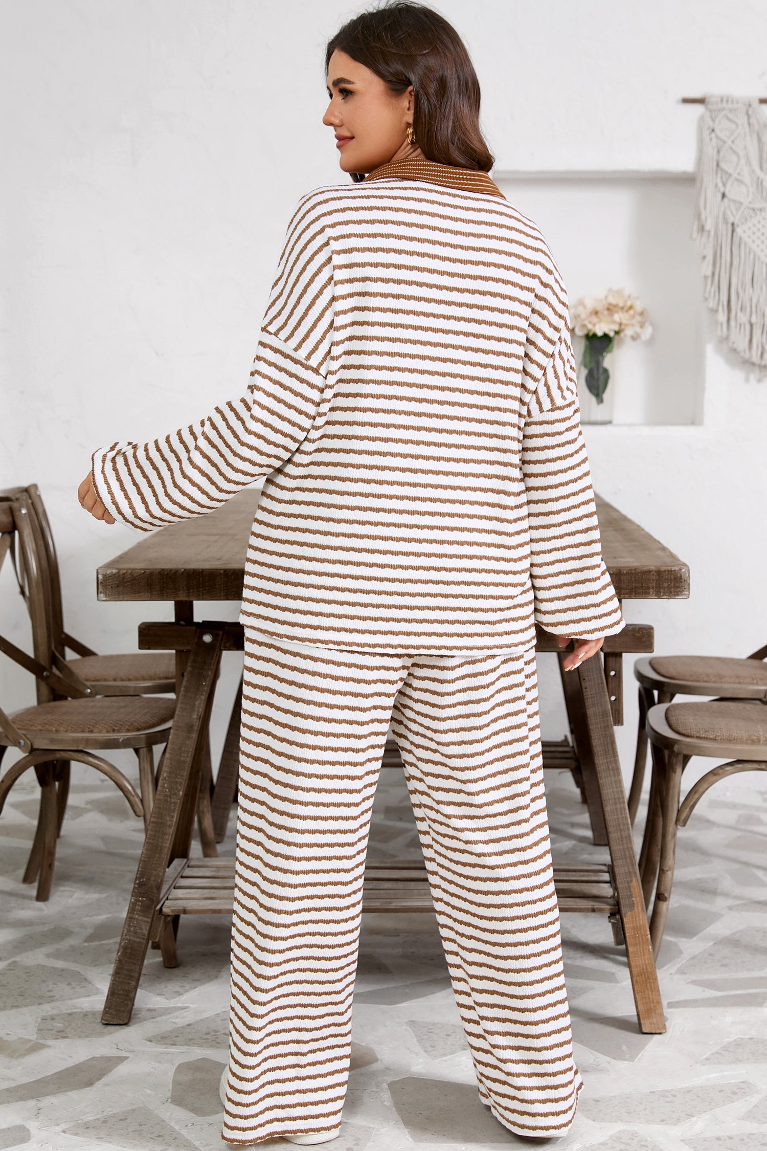 Khaki Stripe Plus Size Collared V Neck Loose Pullover Drawstring Elastic Waist Wide Leg Pant Set Garden Naked Curves