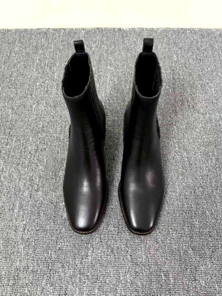 Women’s Retro Square-Toe Mid-Heel Chunky Leather Boots FitiqueFit