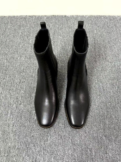 Women’s Retro Square-Toe Mid-Heel Chunky Leather Boots FitiqueFit