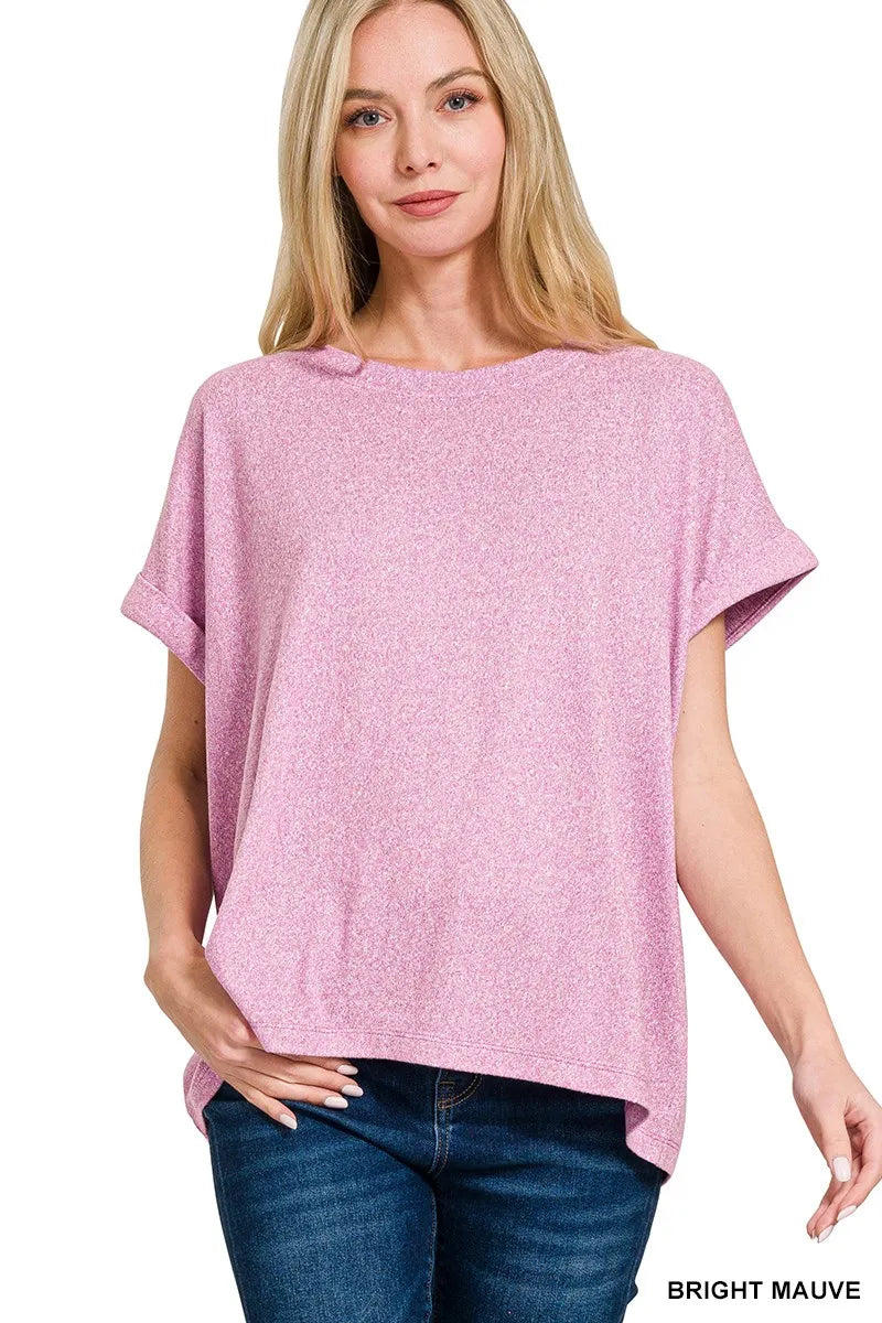 Zenana Soft Melange Hacci Short Sleeve Round Neck Top Montret