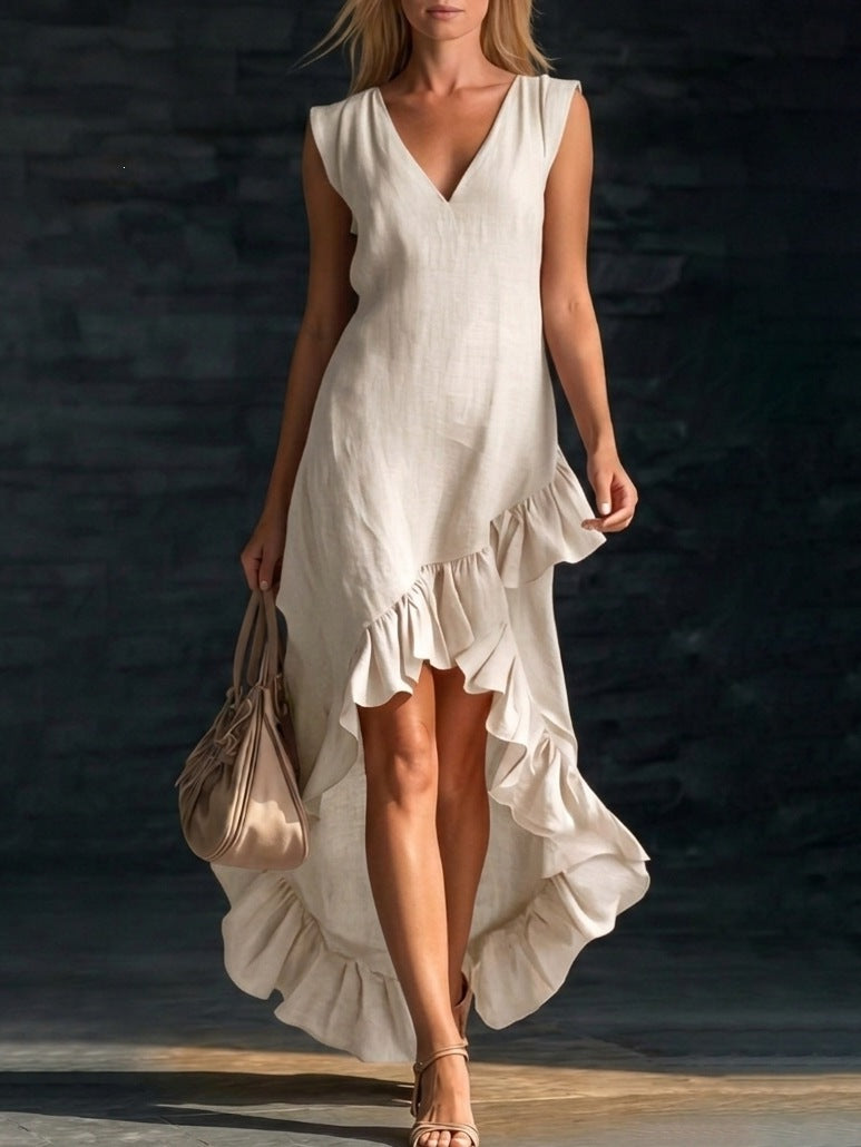 Sleeveless V-Neck Ruffle Hem Maxi Dress – Women's Cotton Linen FitiqueFit