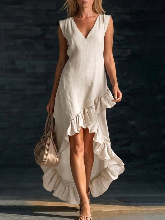 Sleeveless V-Neck Ruffle Hem Maxi Dress – Women's Cotton Linen FitiqueFit
