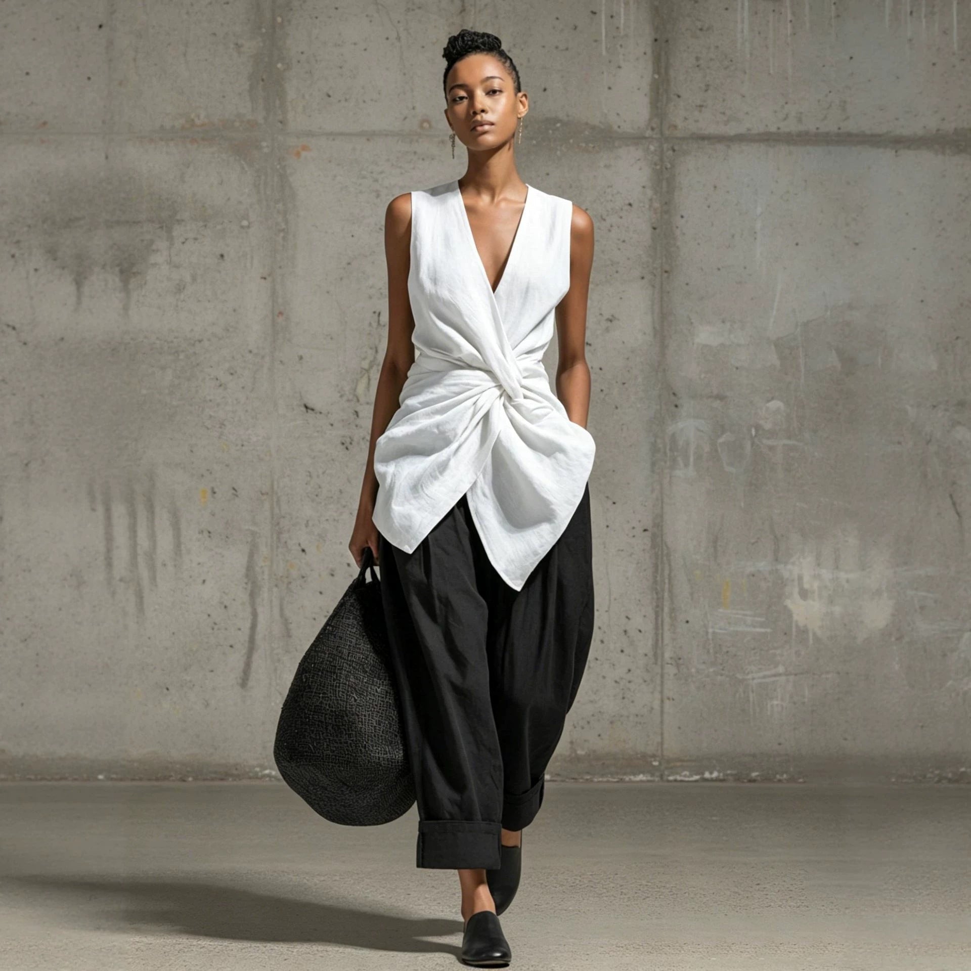 Women's Tie-Front V-Neck Sleeveless Top & Wide-Leg Pants Set FitiqueFit