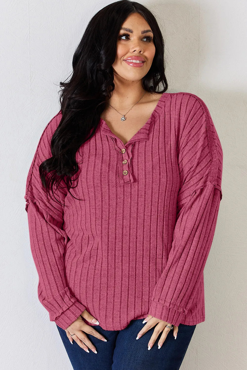 Basic Bae Full Size Ribbed Half Button Long Sleeve T-Shirt New Era Fashion LLc