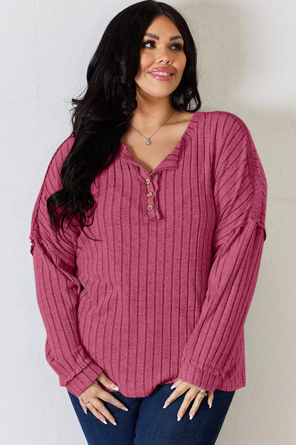 Basic Bae Full Size Ribbed Half Button Long Sleeve T-Shirt New Era Fashion LLc