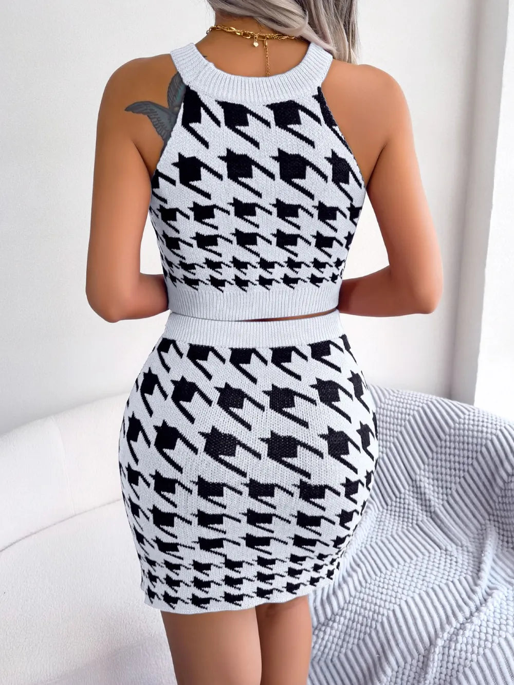 Houndstooth Sleeveless Top and Skirt Sweater Set See size chart under “more details” The Fashion Celestial