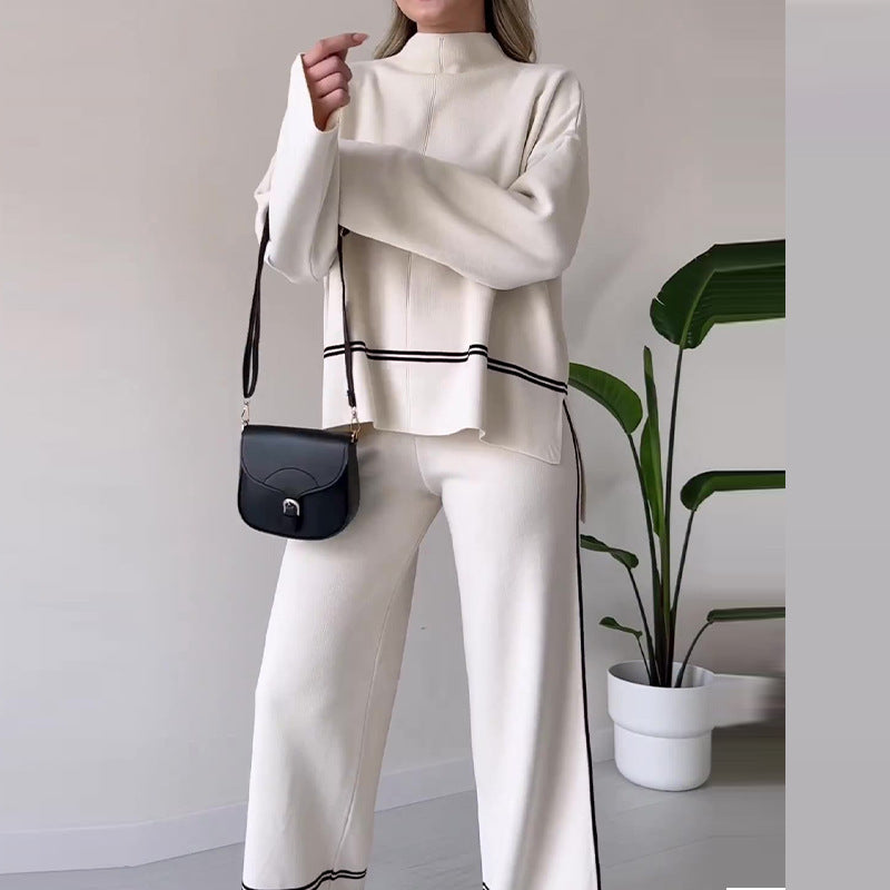 Women’s Solid Color Casual Two-Piece Set – Loose Top & Bootcut Pants Suit FitiqueFit
