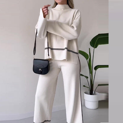 Women’s Solid Color Casual Two-Piece Set – Loose Top & Bootcut Pants Suit FitiqueFit