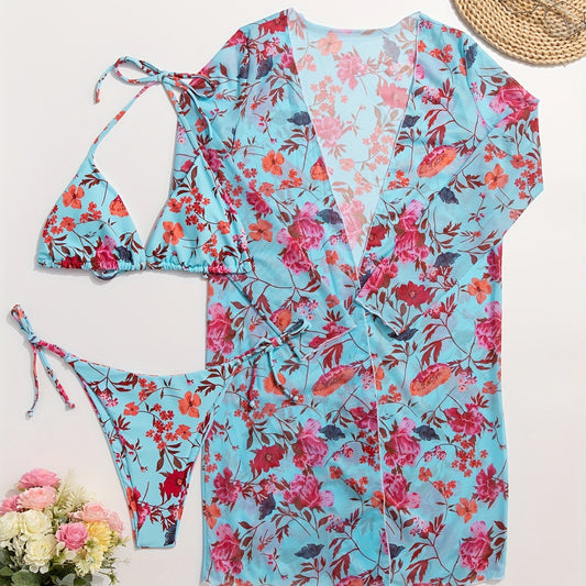 Bikini European Style Floral Print 3 Piece Swimsuit Set for Women – Sexy V Neck Bikini with Cross Strap Detail and Matching Long Sleeve Cover-Up – High Stretch Trendy Swimwear for Summer Beach Vacations Resort Looks and Poolside Fashion Stevvex