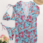 Bikini European Style Floral Print 3 Piece Swimsuit Set for Women – Sexy V Neck Bikini with Cross Strap Detail and Matching Long Sleeve Cover-Up – High Stretch Trendy Swimwear for Summer Beach Vacations Resort Looks and Poolside Fashion Stevvex