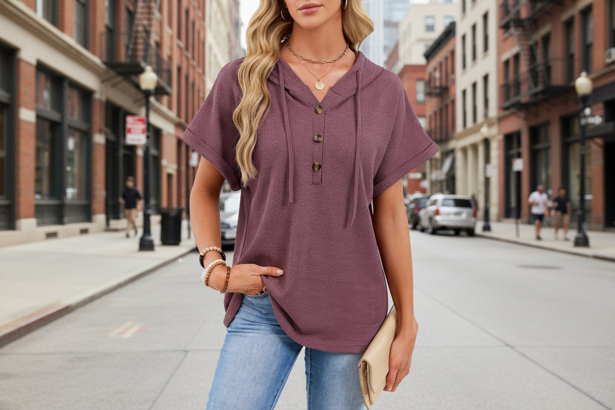 Women's Waffle Knit Hooded Short-Sleeve Top – Drawstring Button Pullover FitiqueFit