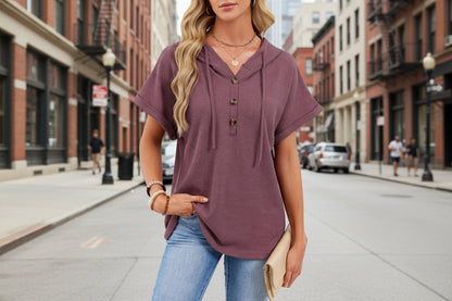 Women's Waffle Knit Hooded Short-Sleeve Top – Drawstring Button Pullover FitiqueFit