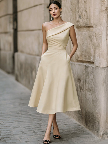 Women's Off-Shoulder Swing Dress – Solid Color Flowy Midi FitiqueFit