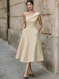 Women's Off-Shoulder Swing Dress – Solid Color Flowy Midi FitiqueFit