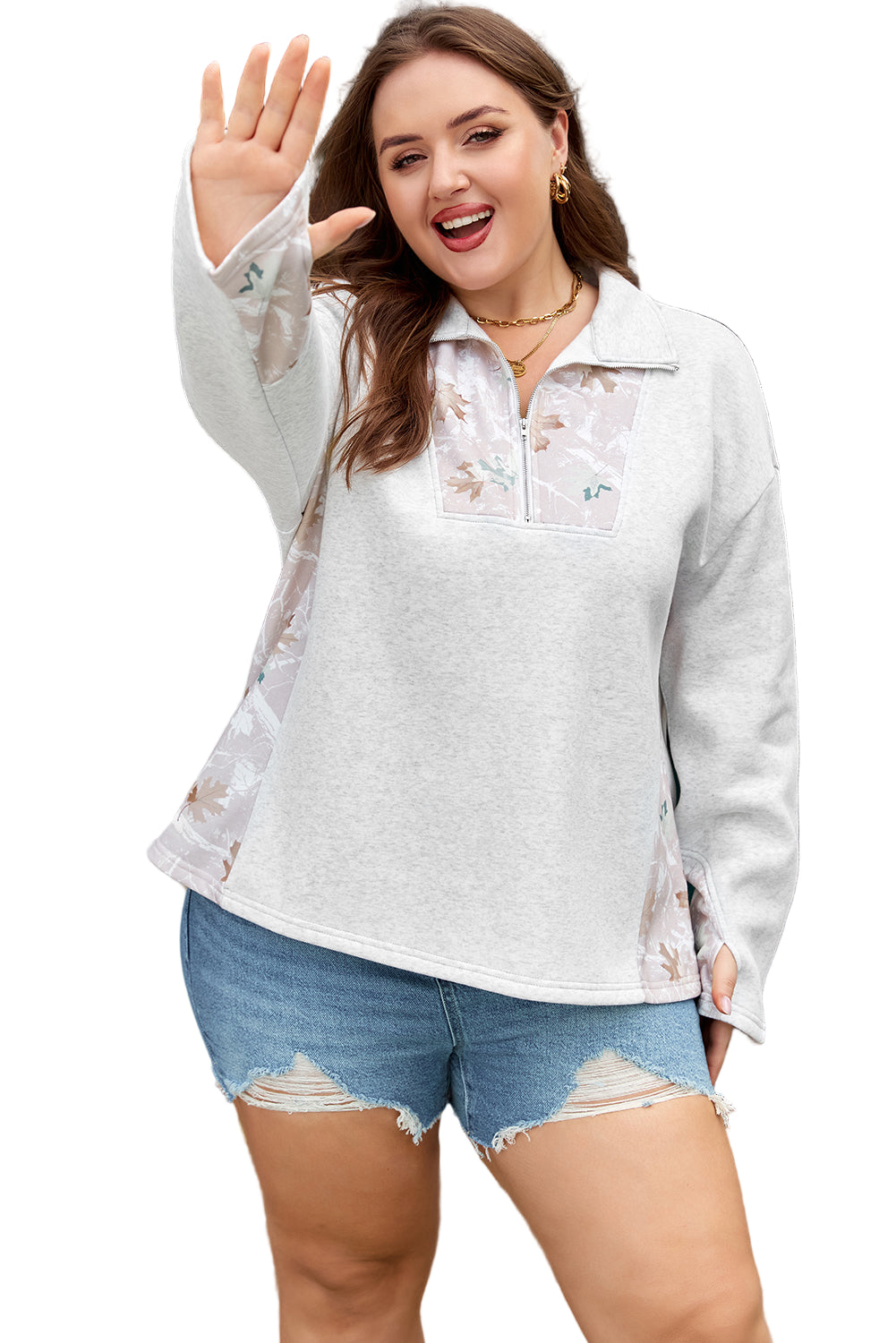 Gray Camo Leaves Patchwork Zipped Collar Pullover Plus Size Sweatshirt Garden Naked Curves