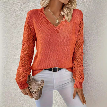 Loose Hollow Knitted Sweater Long-sleeved Pullover V-neck Top Women's Clothing Grayceful LLC