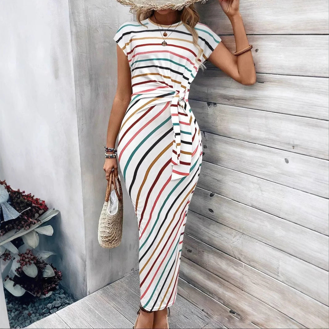 Elegant Waist Strap Striped Round Neck Short Sleeve And Long Pattern Dress Grayceful LLC