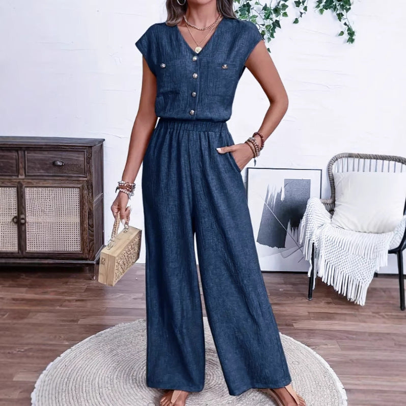 All-matching V-neck Buttons Elastic Waistband Slimming Temperament Jumpsuit Grayceful LLC