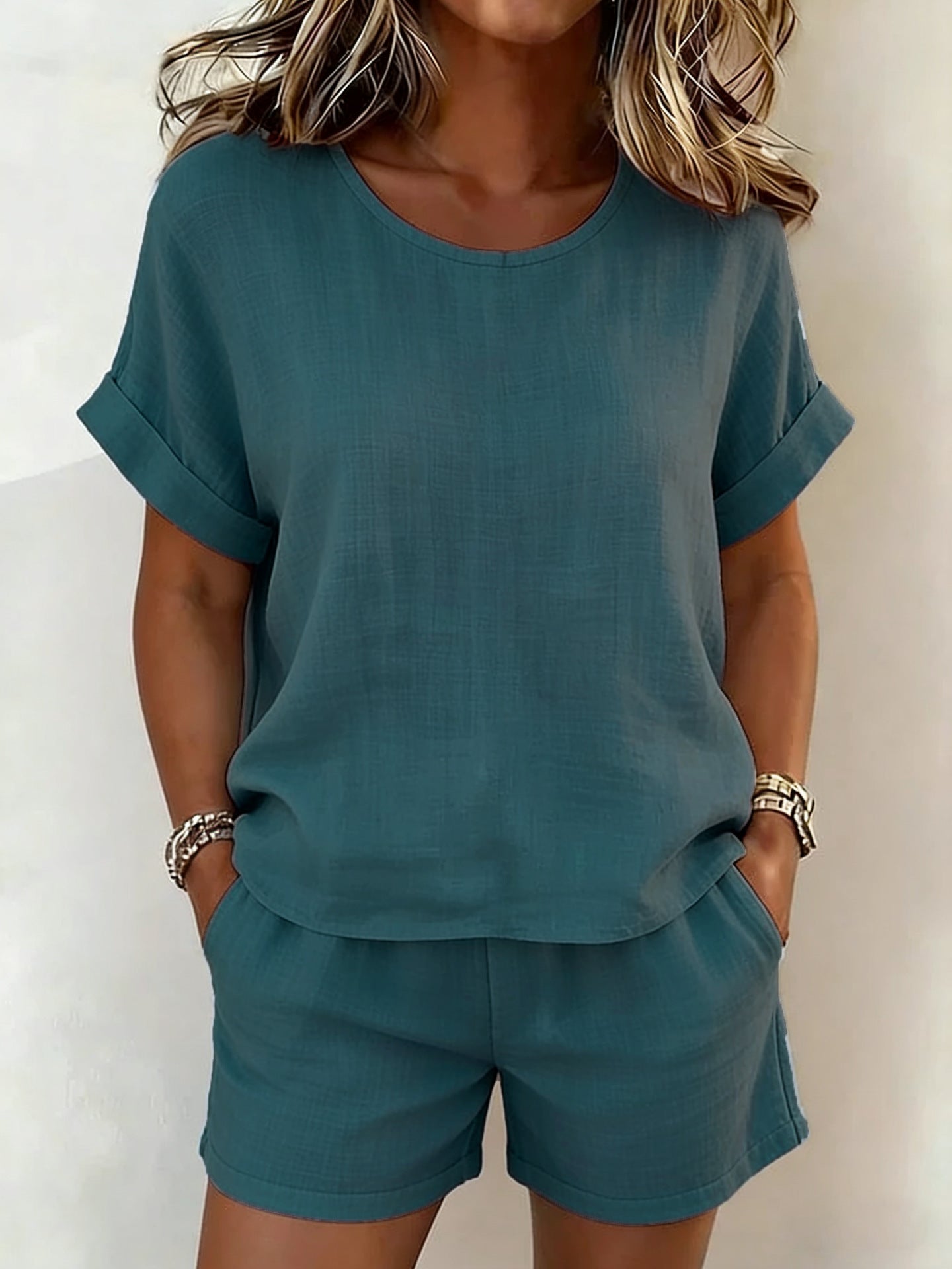 Solid-Color T-Shirt & Shorts Set – Cotton Linen, 10 Colors FitiqueFit